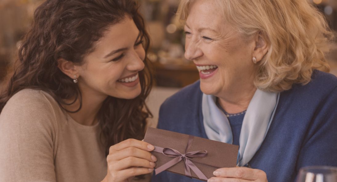 daughter gifting her parents a hotel gift card